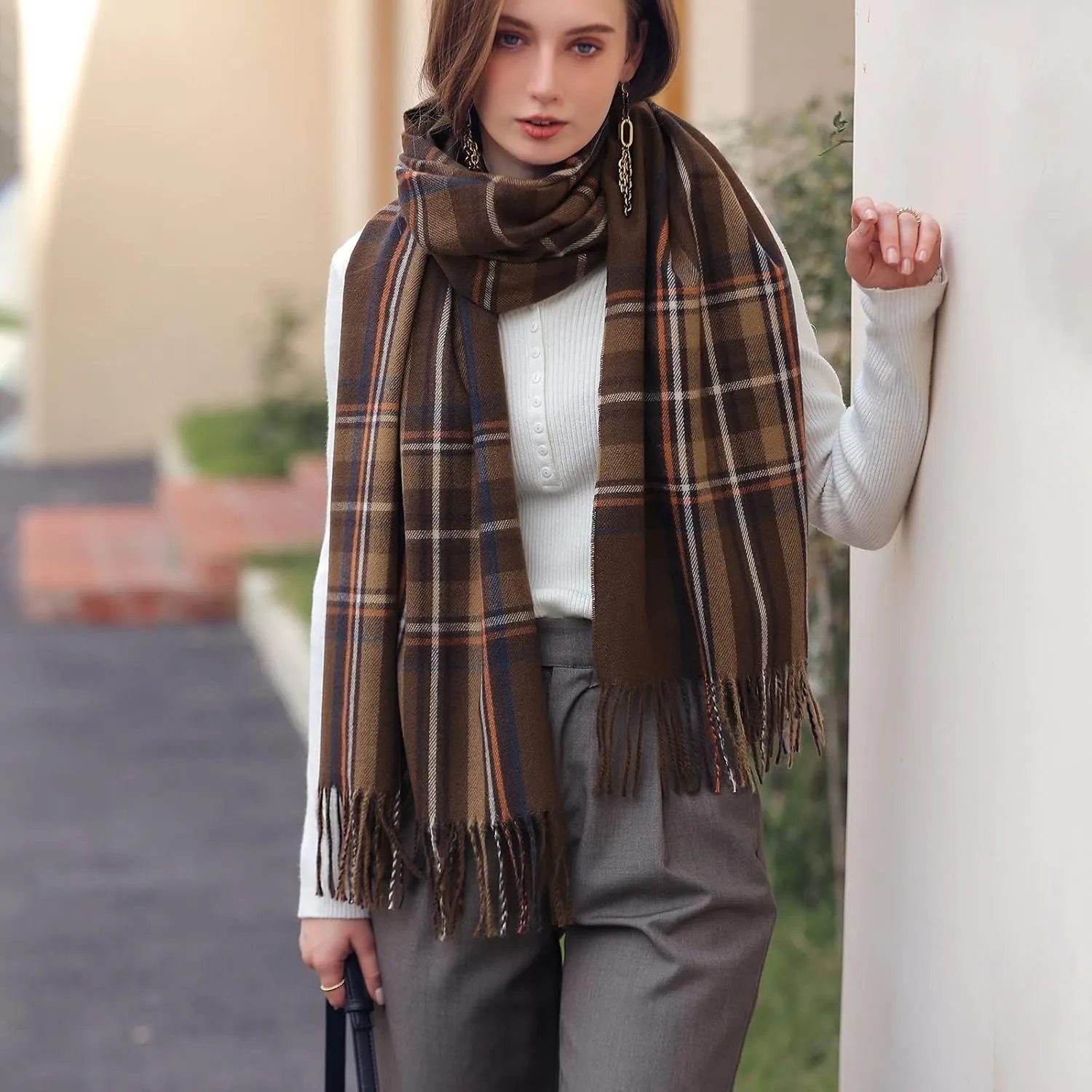 Womens Fall Winter Thermal Scarf Classic Plaid Print Tassel Soft Warm Blanket Scarves Ladie's Shawl Wraps