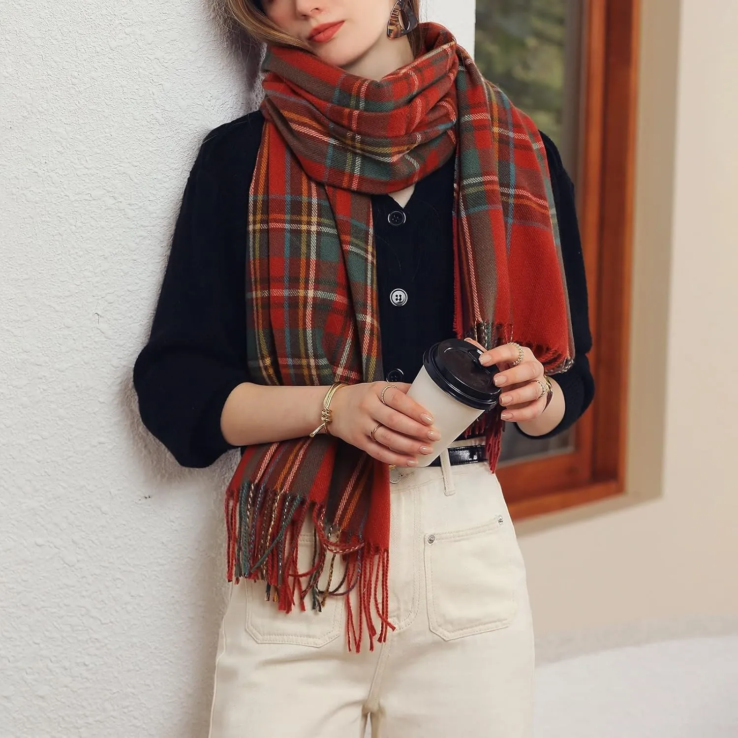 Womens Fall Winter Thermal Scarf Classic Plaid Print Tassel Soft Warm Blanket Scarves Ladie's Shawl Wraps