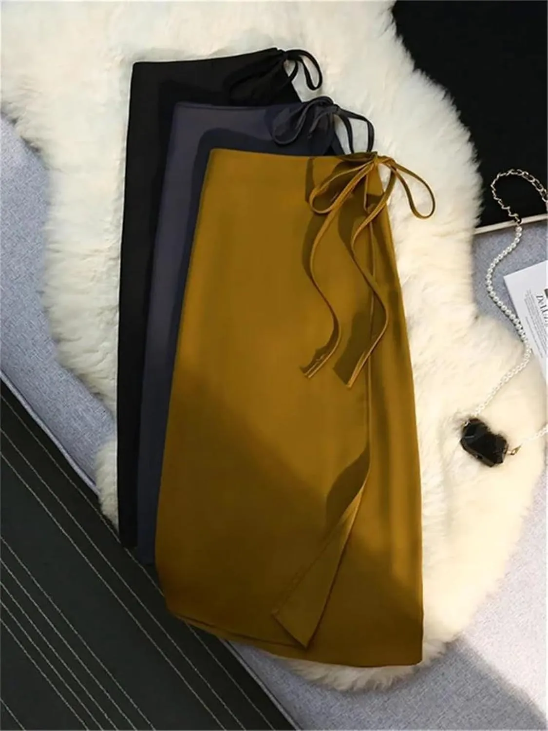 Women's Front Slit Office Wrap Midi Skirt High Waist Tie-Drape Slim Skirt