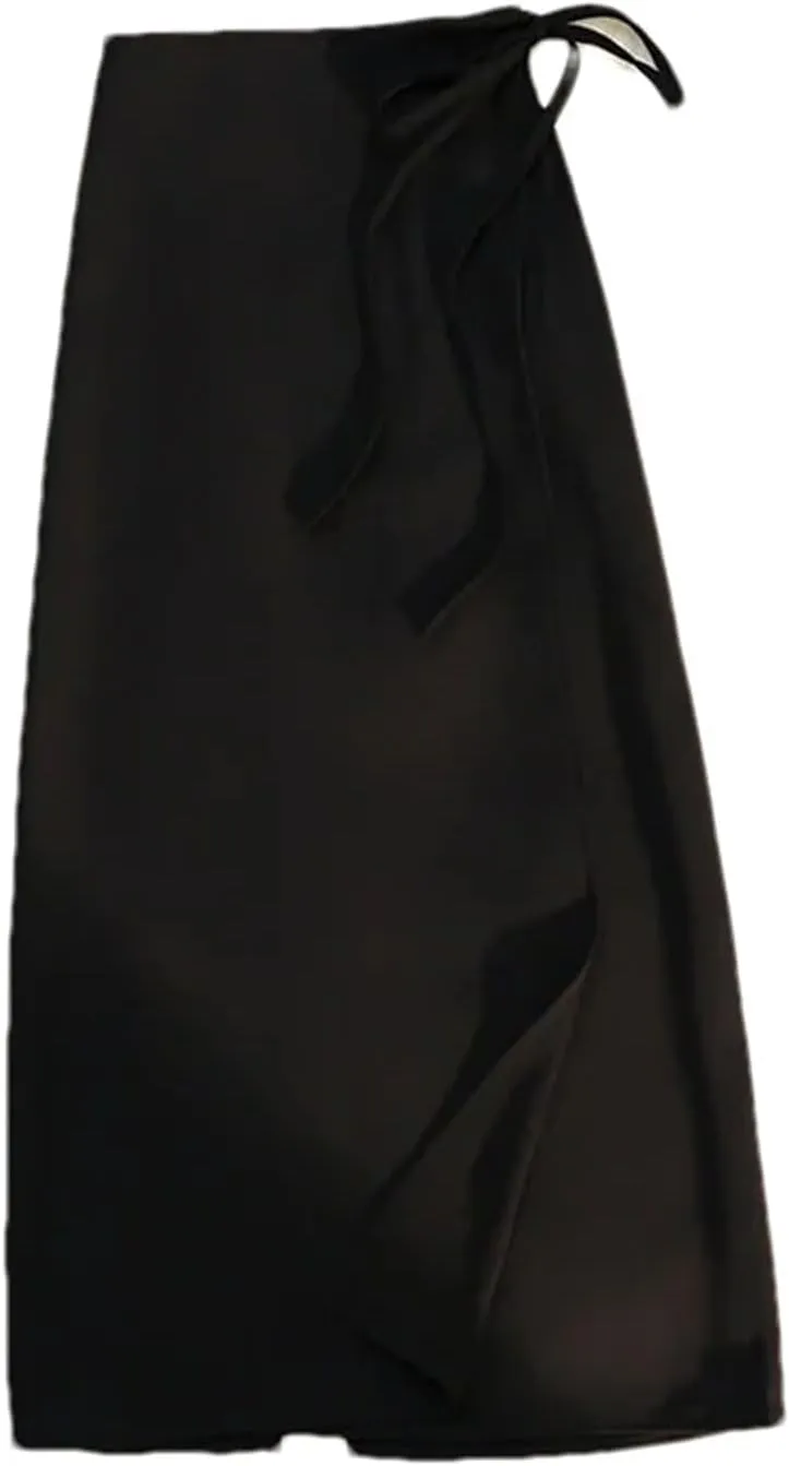 Women's Front Slit Office Wrap Midi Skirt High Waist Tie-Drape Slim Skirt