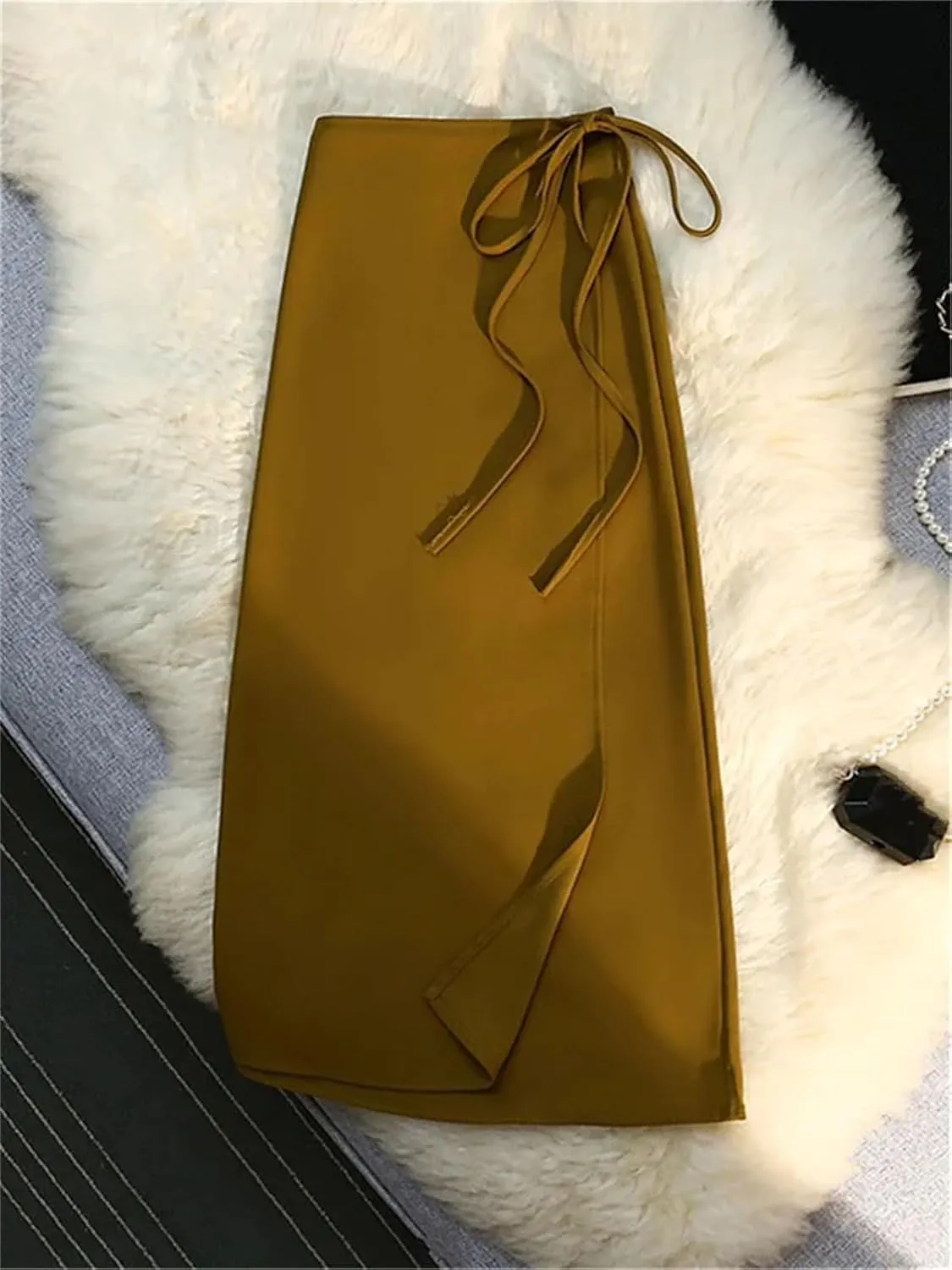 Women's Front Slit Office Wrap Midi Skirt High Waist Tie-Drape Slim Skirt