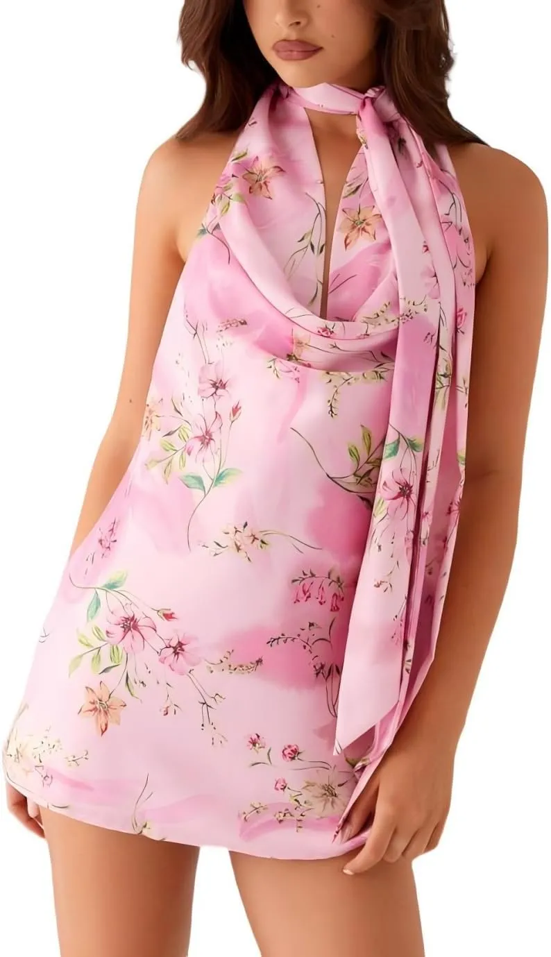 Women's Halter Cowl Neck Mini Dress with Scarf Y2k Sexy Backless Satin Bodycon Dress Club Cocktail Party Dresses