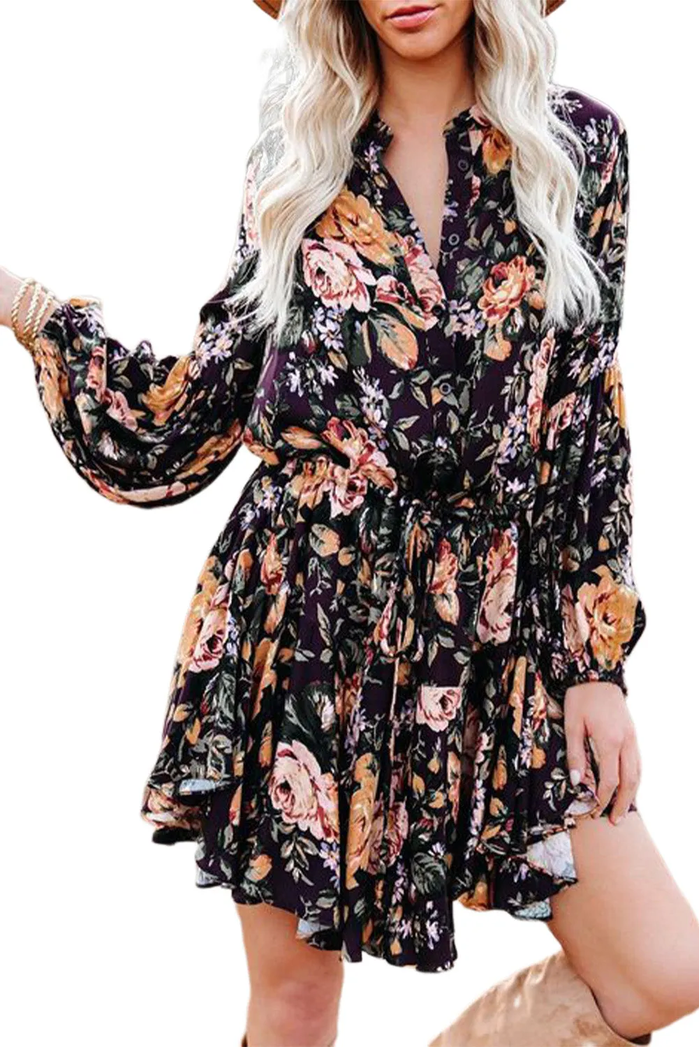 Women's Long Sleeve Ruffle Dress Floral Flowy Boho Mini Short Beach Dress