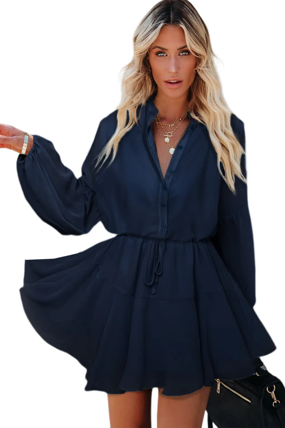 Women's Long Sleeve Ruffle Dress Floral Flowy Boho Mini Short Beach Dress