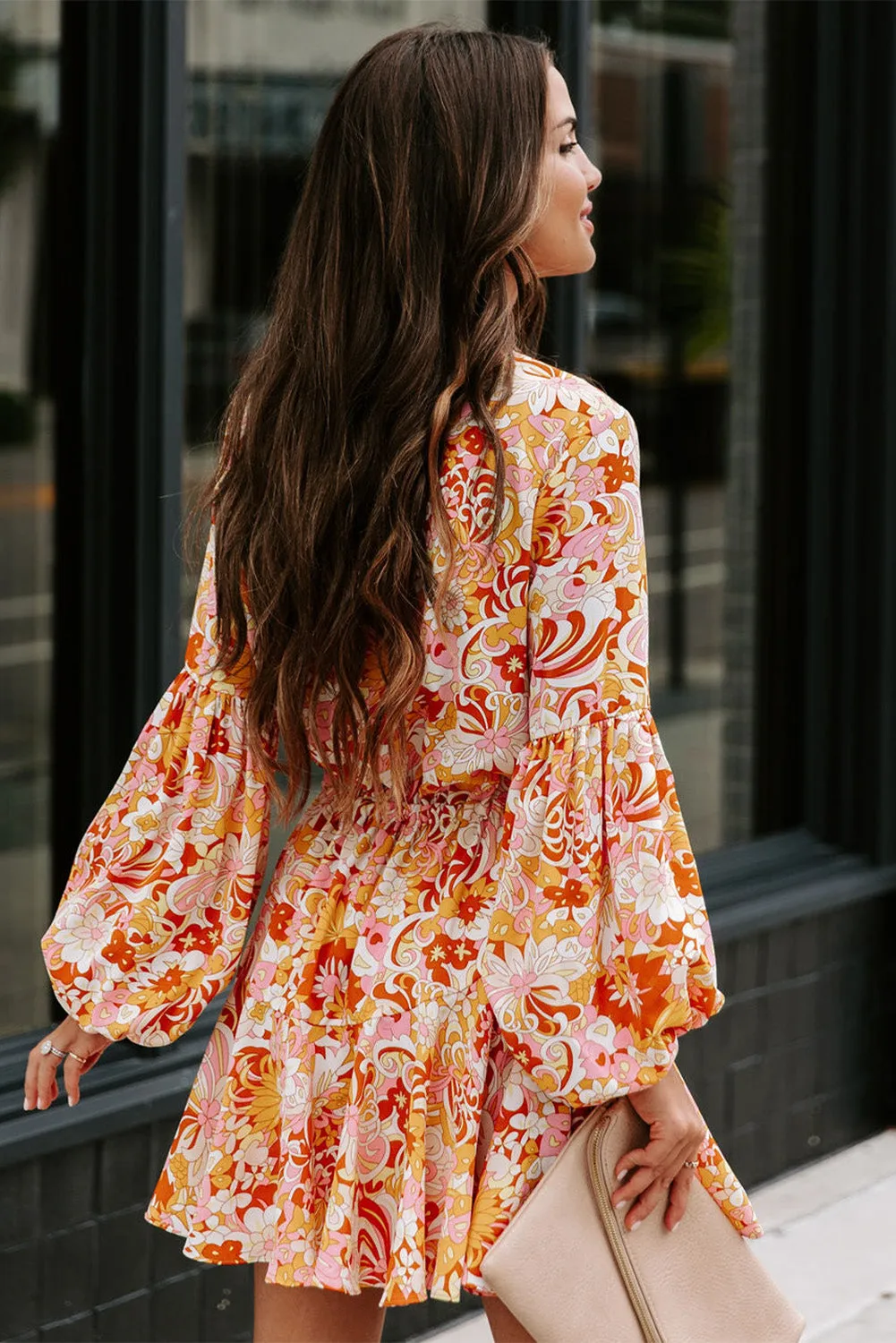 Women's Long Sleeve Ruffle Dress Floral Flowy Boho Mini Short Beach Dress