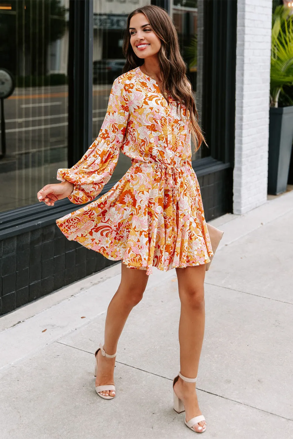 Women's Long Sleeve Ruffle Dress Floral Flowy Boho Mini Short Beach Dress