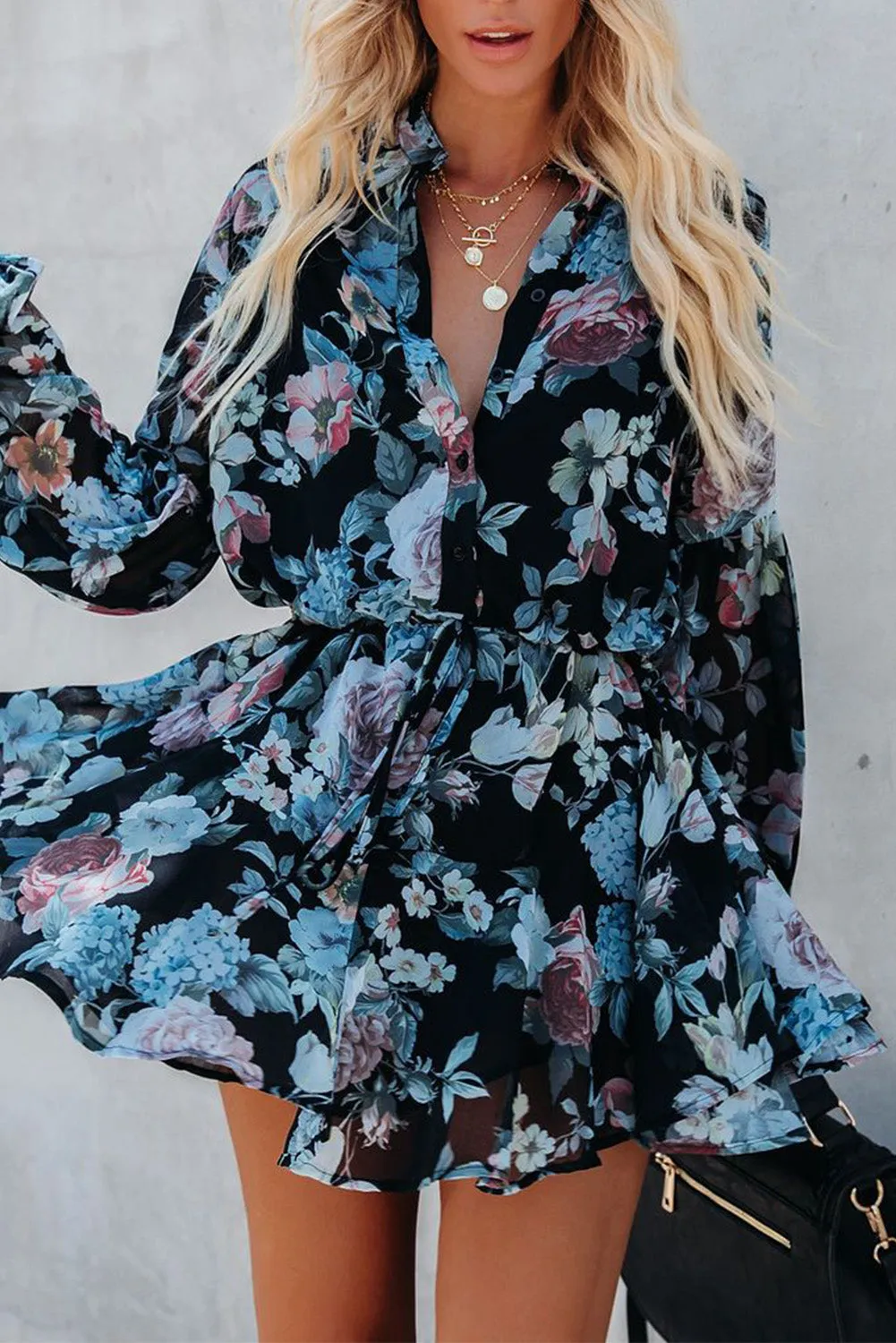Women's Long Sleeve Ruffle Dress Floral Flowy Boho Mini Short Beach Dress