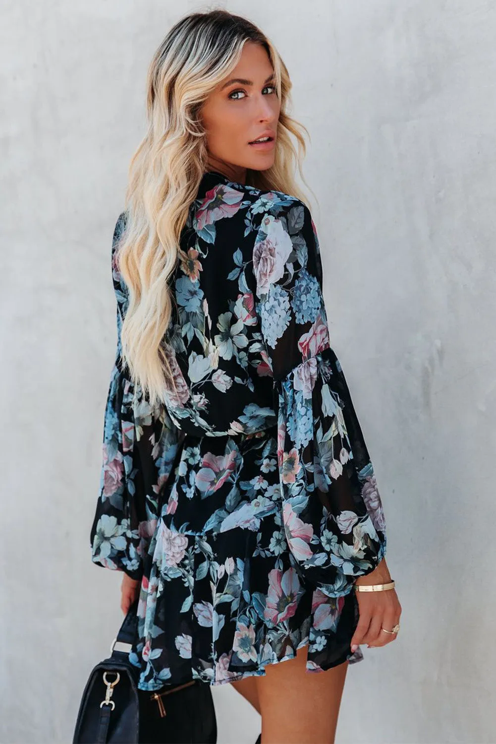 Women's Long Sleeve Ruffle Dress Floral Flowy Boho Mini Short Beach Dress