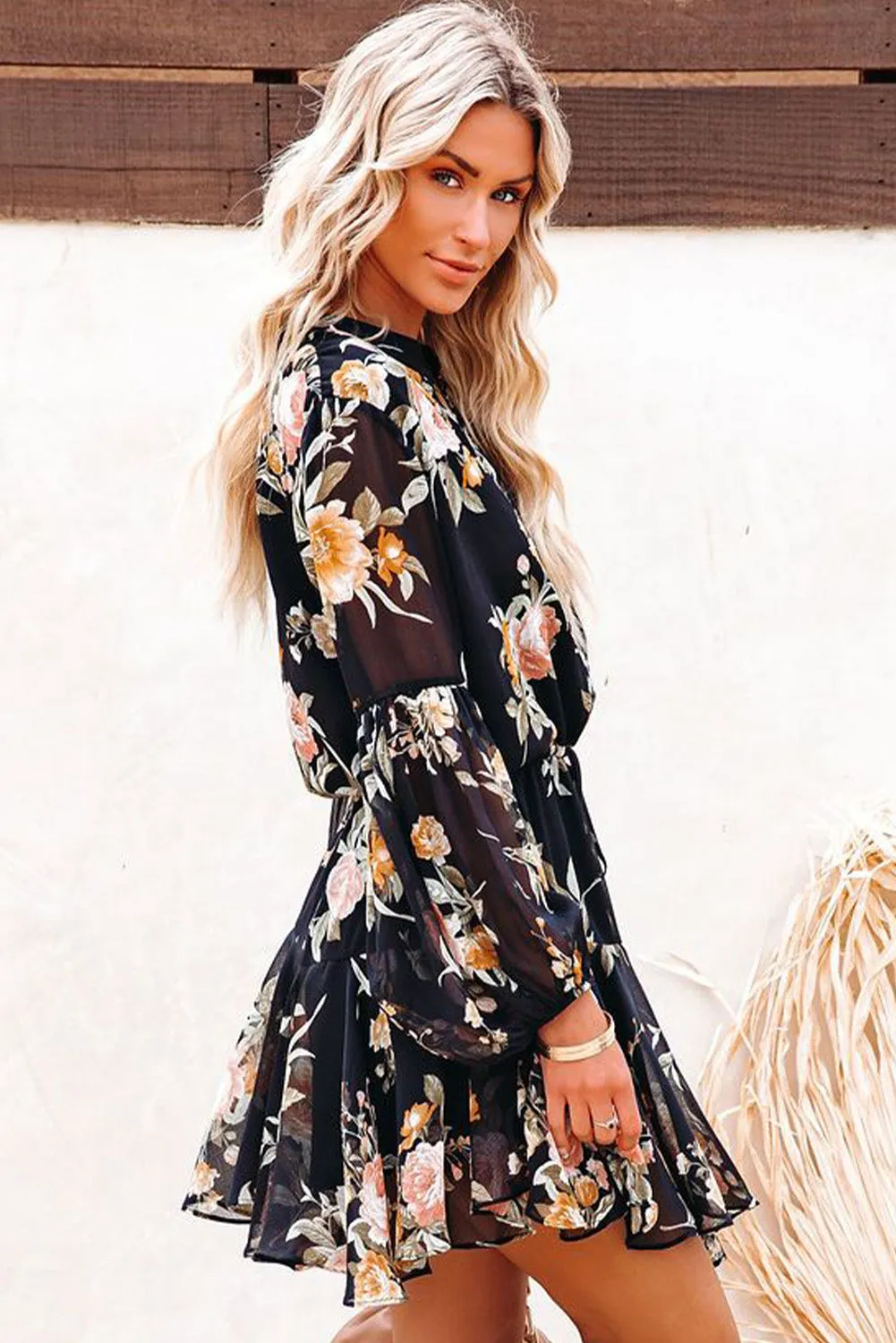 Women's Long Sleeve Ruffle Dress Floral Flowy Boho Mini Short Beach Dress