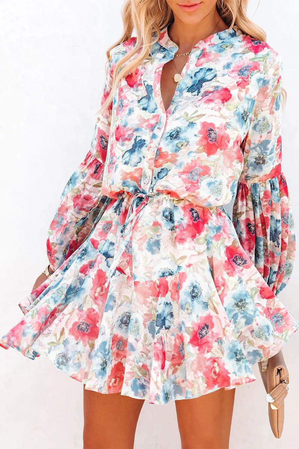 Women's Long Sleeve Ruffle Dress Floral Flowy Boho Mini Short Beach Dress
