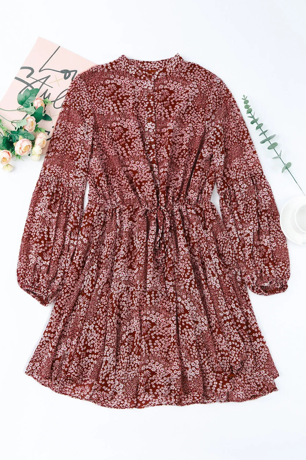 Women's Long Sleeve Ruffle Dress Floral Flowy Boho Mini Short Beach Dress