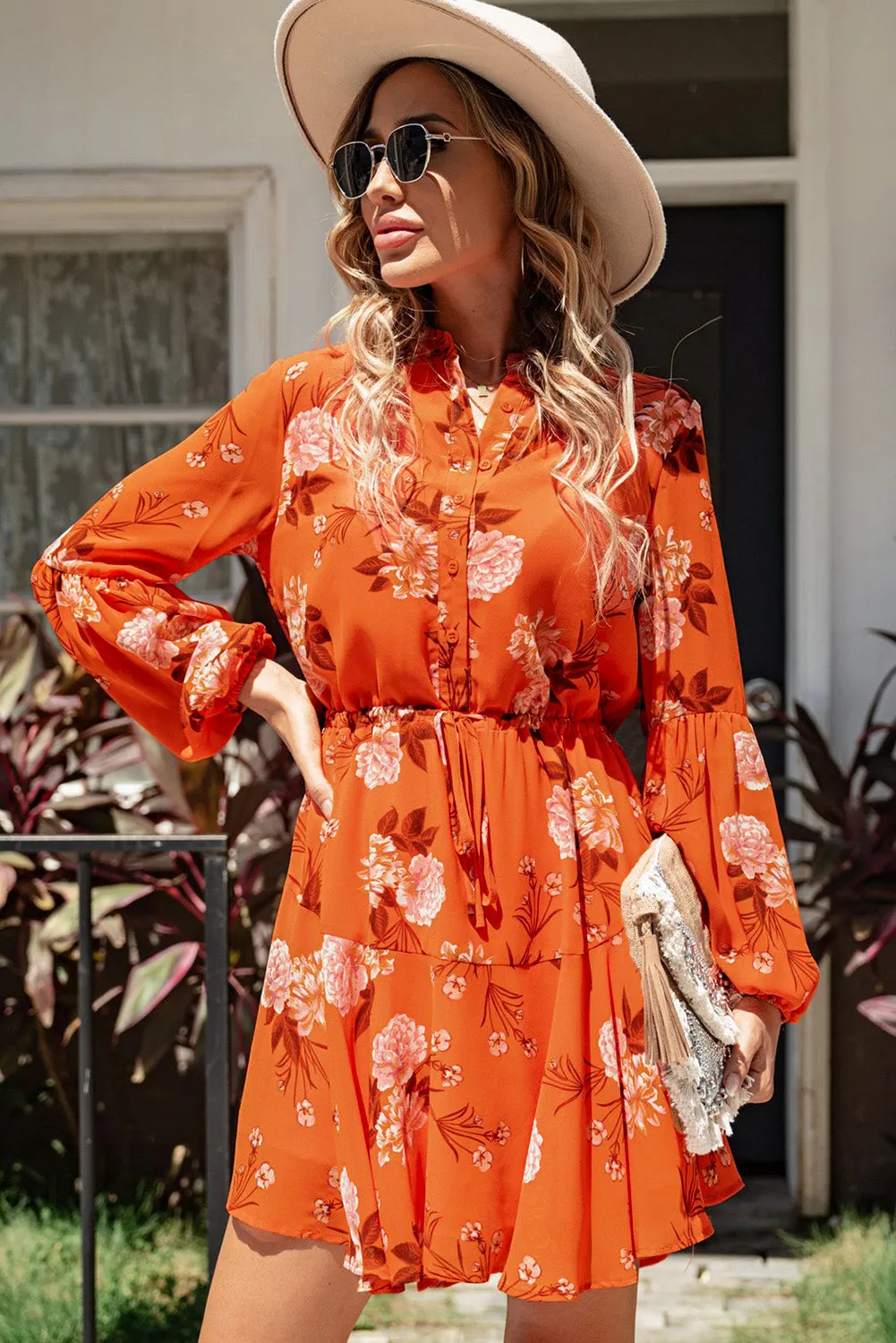 Women's Long Sleeve Ruffle Dress Floral Flowy Boho Mini Short Beach Dress
