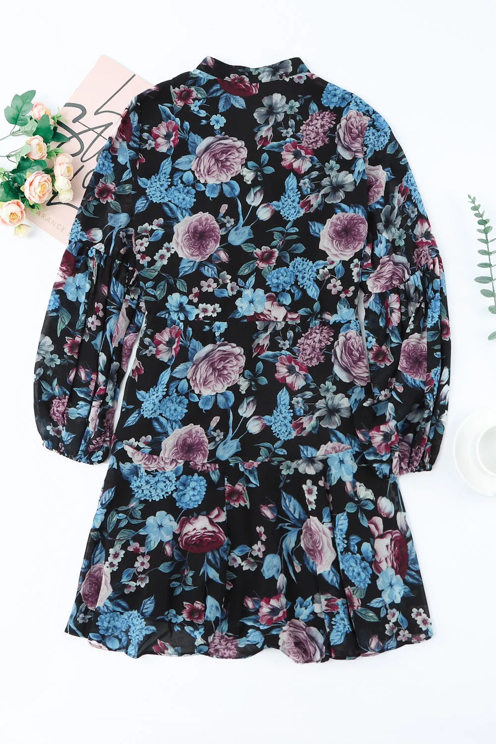 Women's Long Sleeve Ruffle Dress Floral Flowy Boho Mini Short Beach Dress