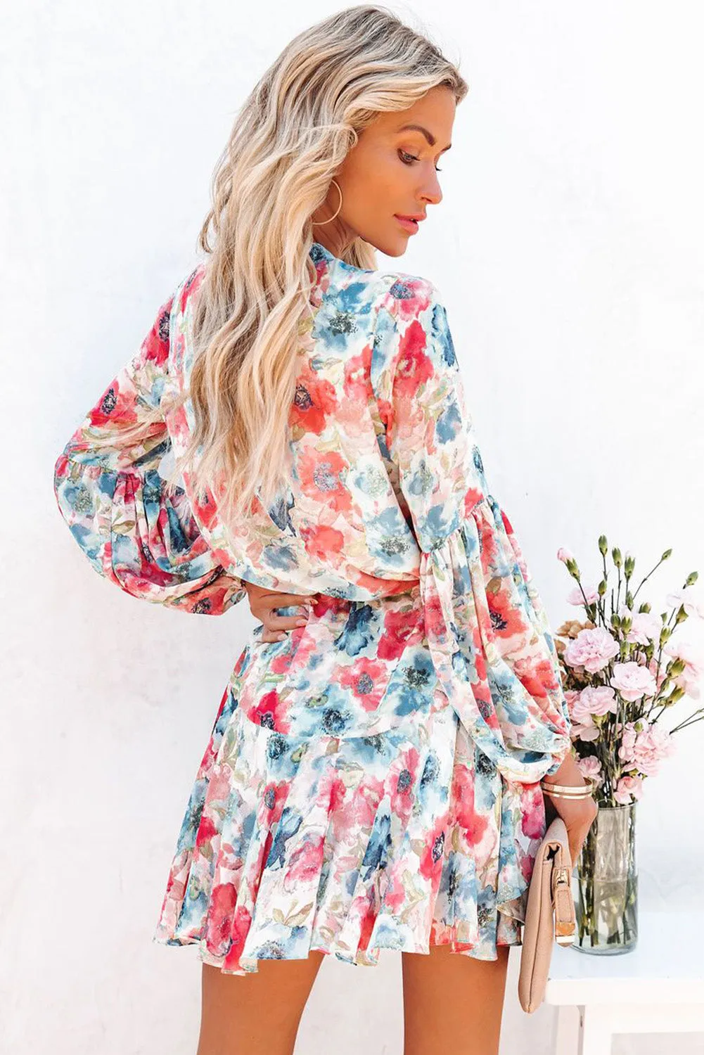 Women's Long Sleeve Ruffle Dress Floral Flowy Boho Mini Short Beach Dress