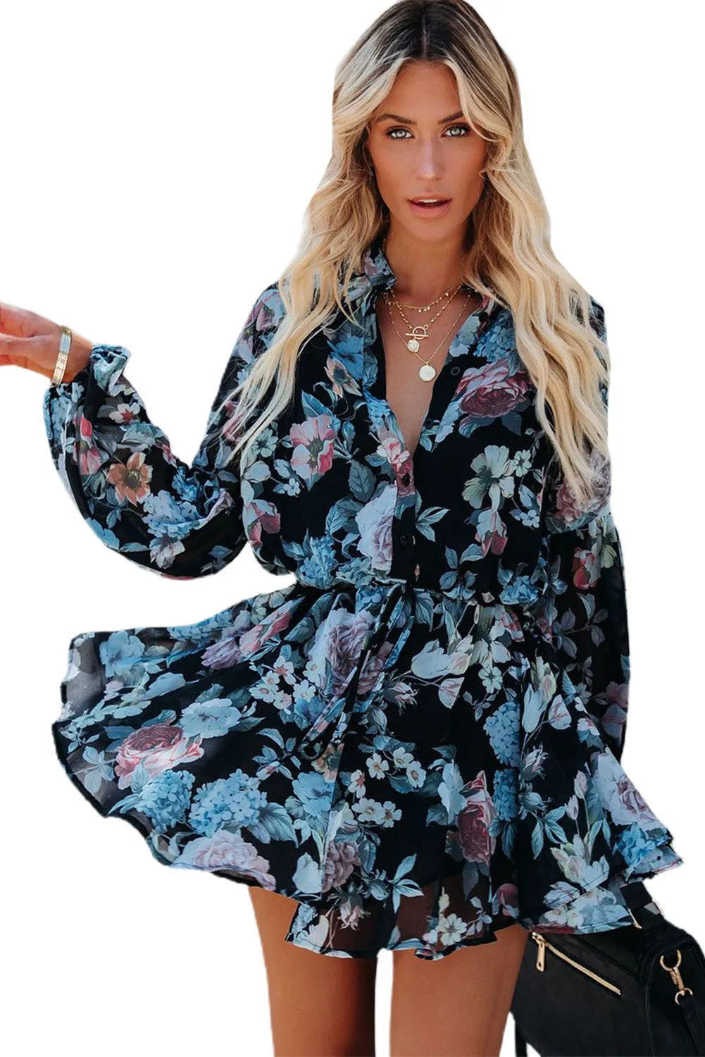 Women's Long Sleeve Ruffle Dress Floral Flowy Boho Mini Short Beach Dress