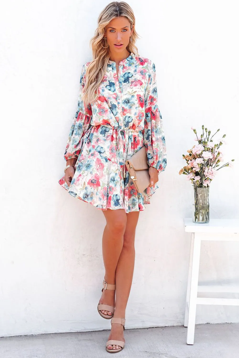 Women's Long Sleeve Ruffle Dress Floral Flowy Boho Mini Short Beach Dress