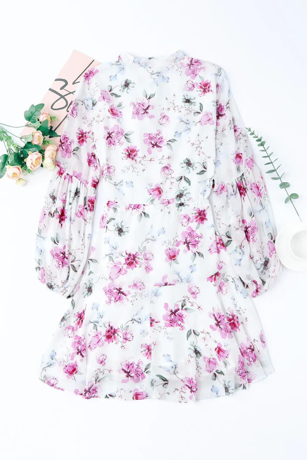 Women's Long Sleeve Ruffle Dress Floral Flowy Boho Mini Short Beach Dress