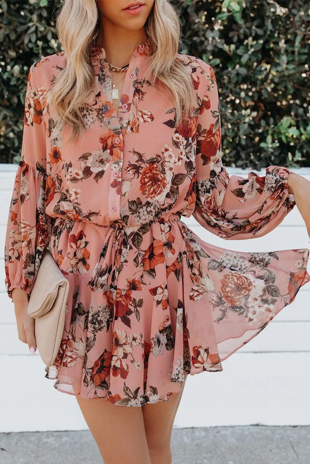 Women's Long Sleeve Ruffle Dress Floral Flowy Boho Mini Short Beach Dress