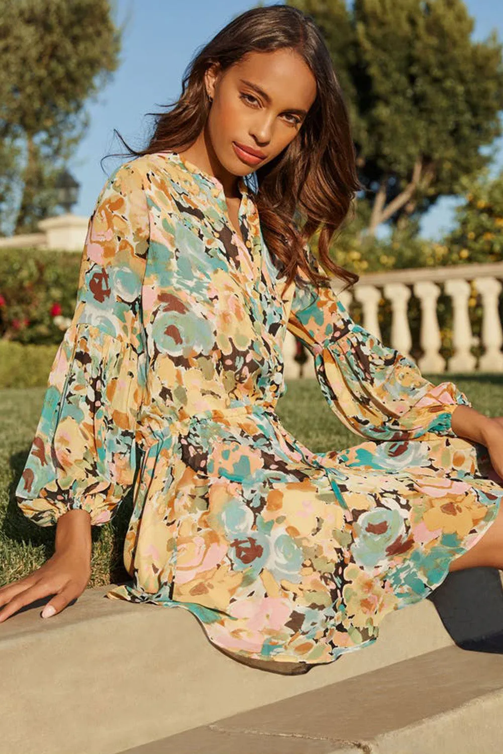 Women's Long Sleeve Ruffle Dress Floral Flowy Boho Mini Short Beach Dress
