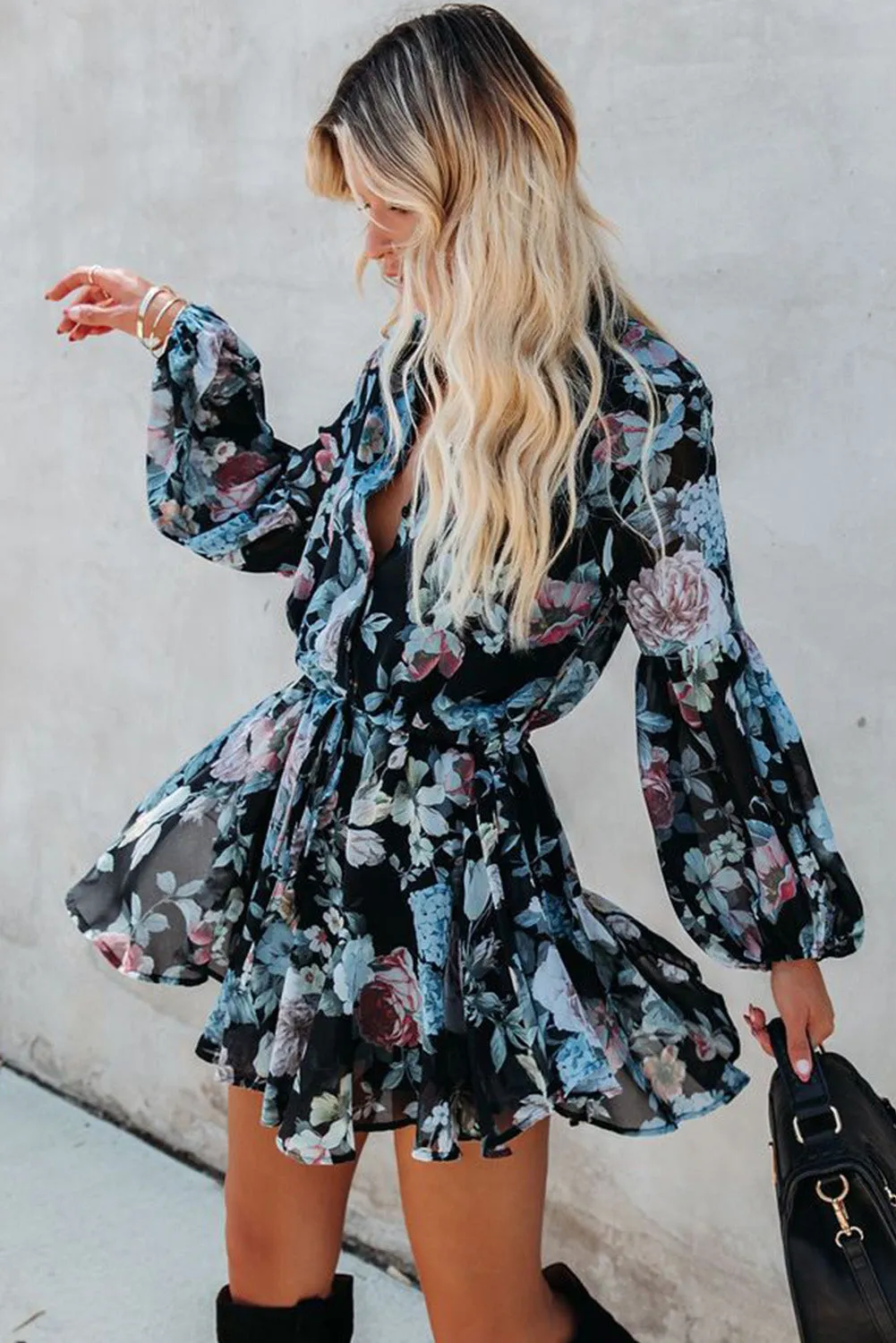 Women's Long Sleeve Ruffle Dress Floral Flowy Boho Mini Short Beach Dress