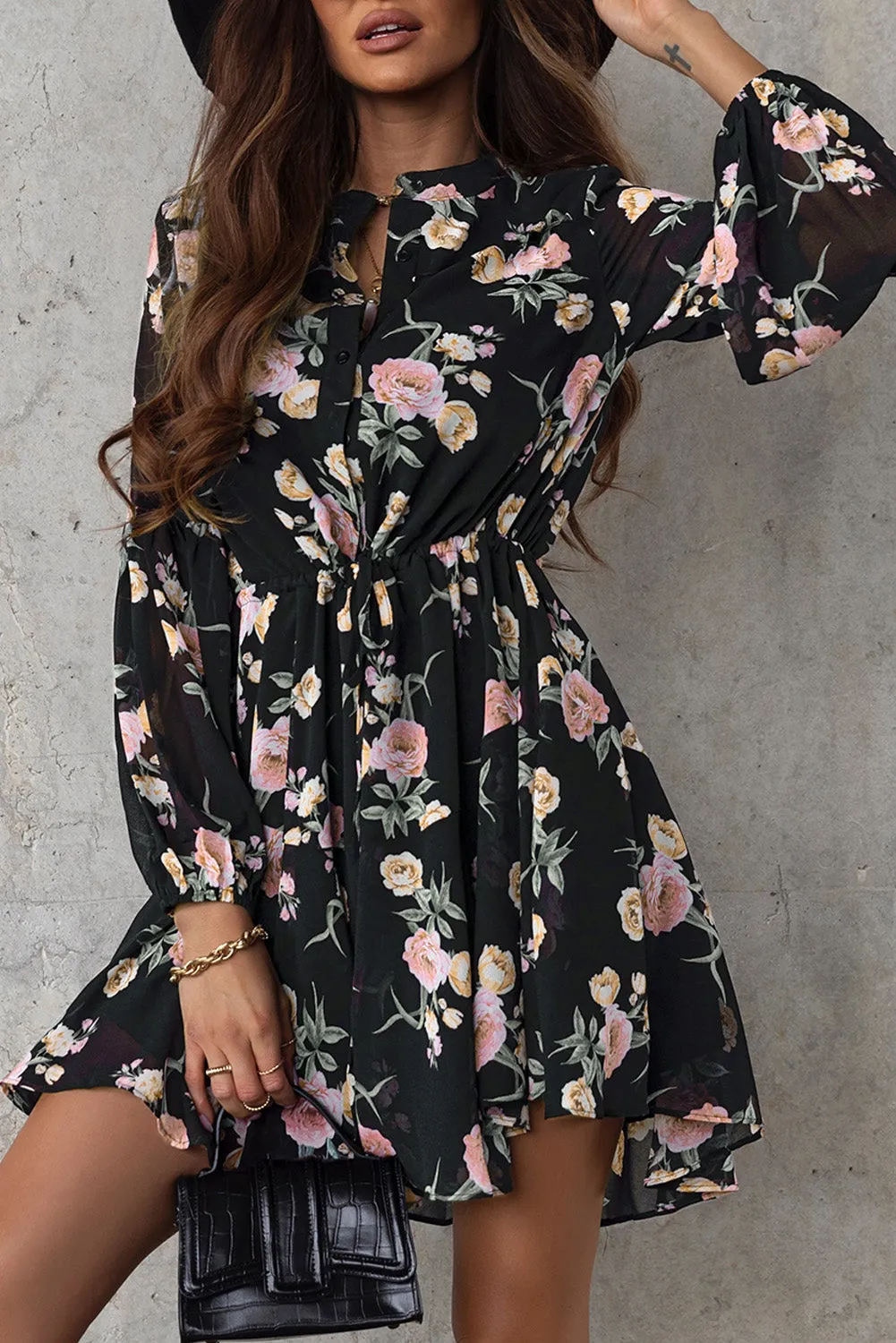Women's Long Sleeve Ruffle Dress Floral Flowy Boho Mini Short Beach Dress