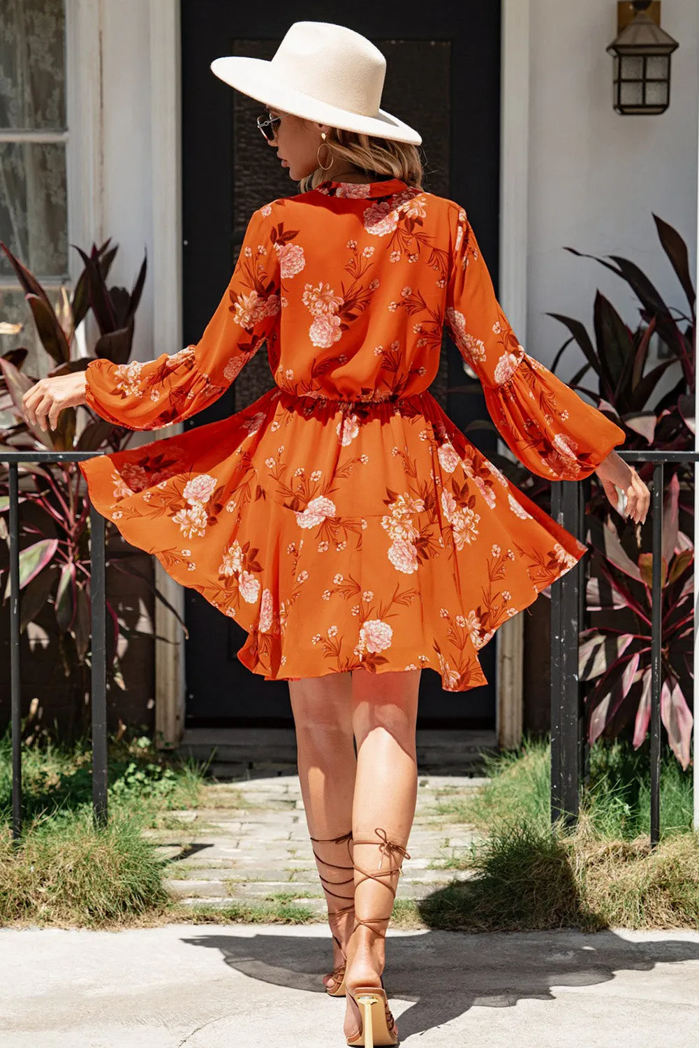 Women's Long Sleeve Ruffle Dress Floral Flowy Boho Mini Short Beach Dress