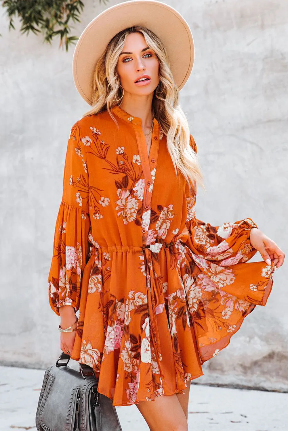 Women's Long Sleeve Ruffle Dress Floral Flowy Boho Mini Short Beach Dress