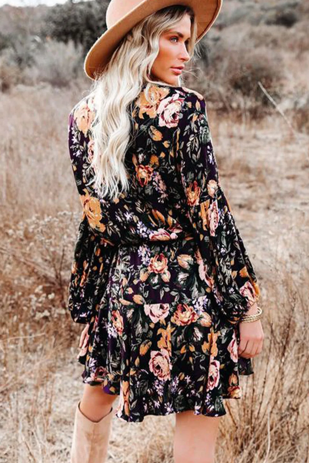 Women's Long Sleeve Ruffle Dress Floral Flowy Boho Mini Short Beach Dress