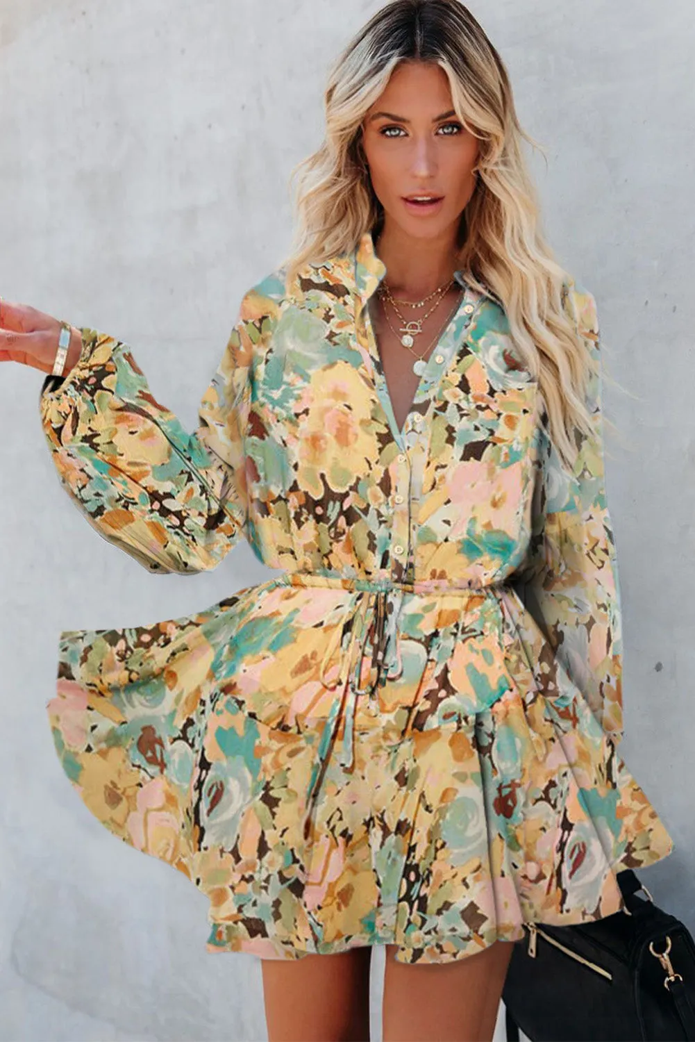 Women's Long Sleeve Ruffle Dress Floral Flowy Boho Mini Short Beach Dress