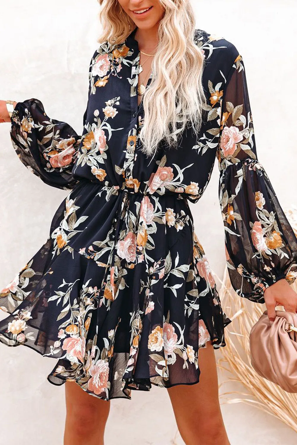 Women's Long Sleeve Ruffle Dress Floral Flowy Boho Mini Short Beach Dress