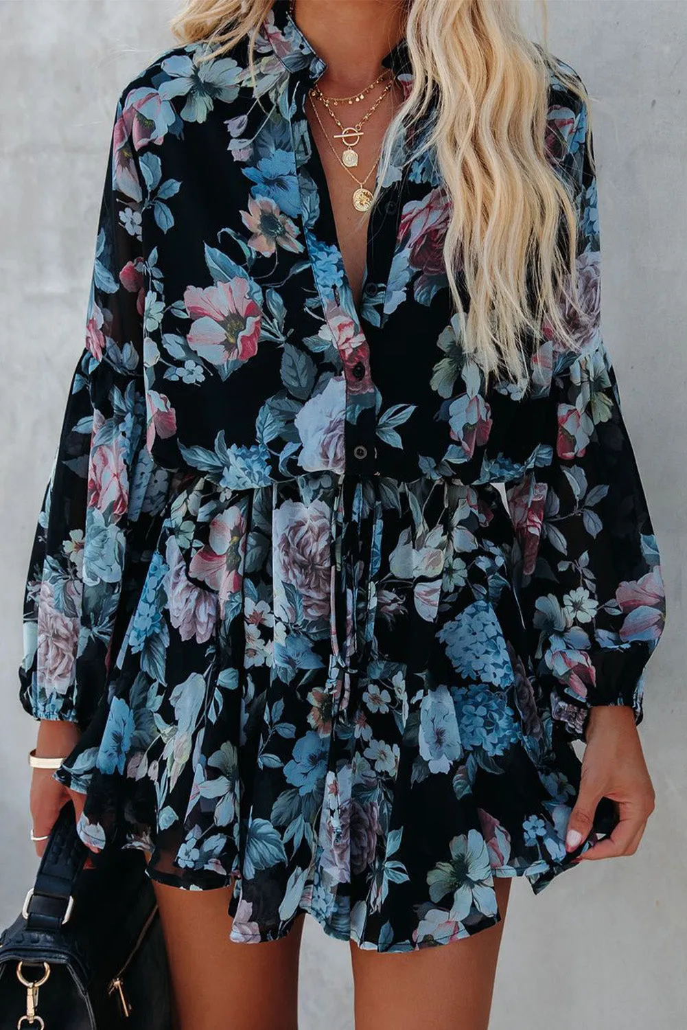 Women's Long Sleeve Ruffle Dress Floral Flowy Boho Mini Short Beach Dress