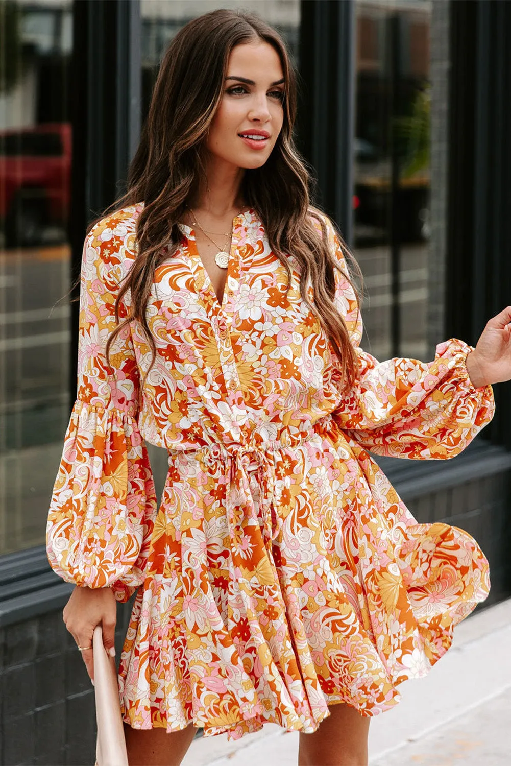 Women's Long Sleeve Ruffle Dress Floral Flowy Boho Mini Short Beach Dress