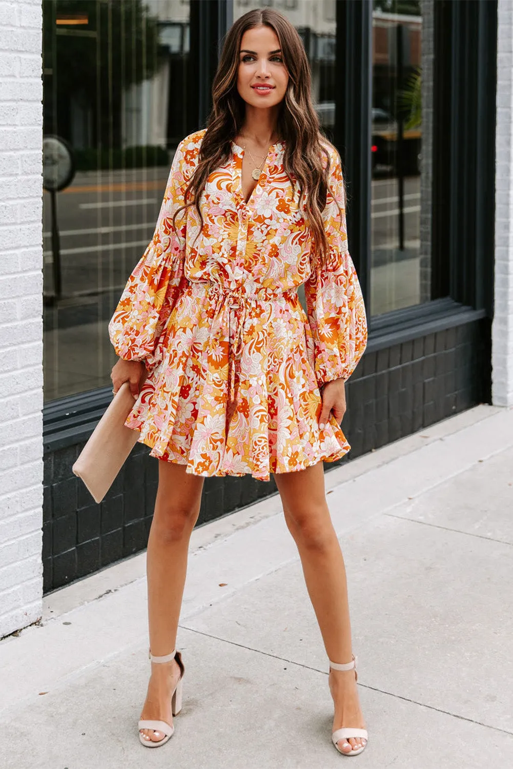 Women's Long Sleeve Ruffle Dress Floral Flowy Boho Mini Short Beach Dress