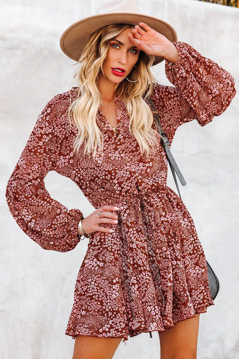 Women's Long Sleeve Ruffle Dress Floral Flowy Boho Mini Short Beach Dress