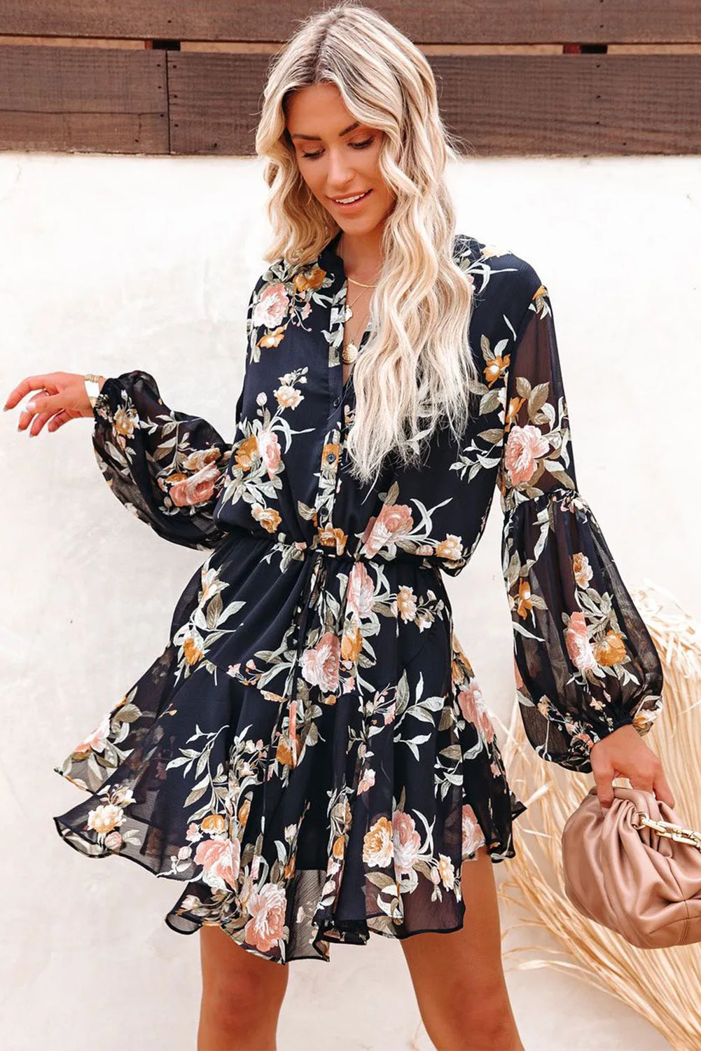 Women's Long Sleeve Ruffle Dress Floral Flowy Boho Mini Short Beach Dress