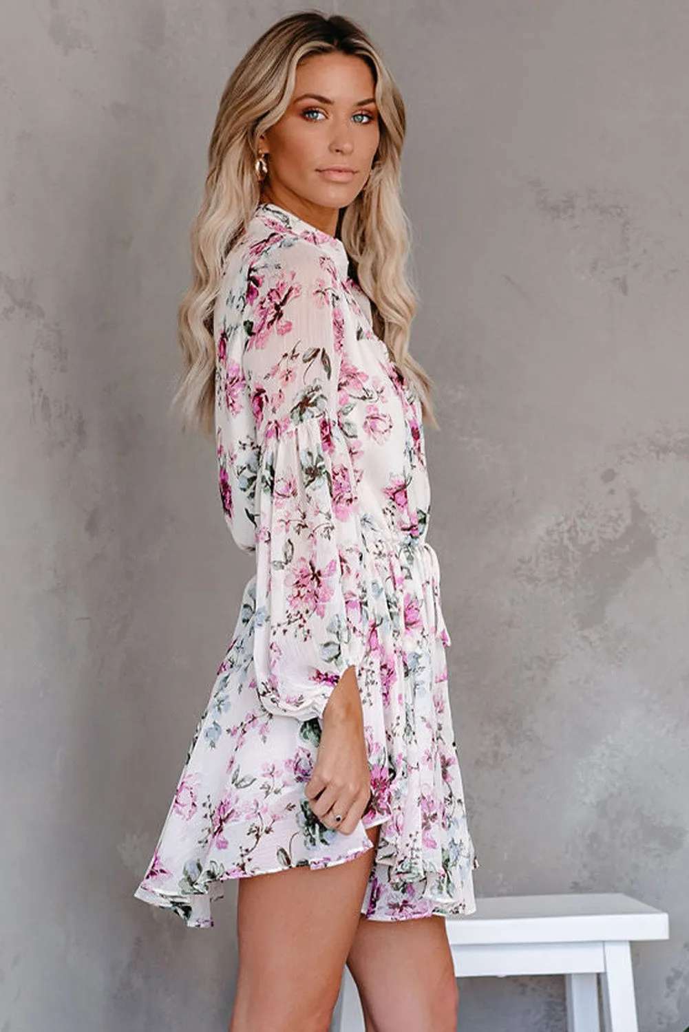 Women's Long Sleeve Ruffle Dress Floral Flowy Boho Mini Short Beach Dress