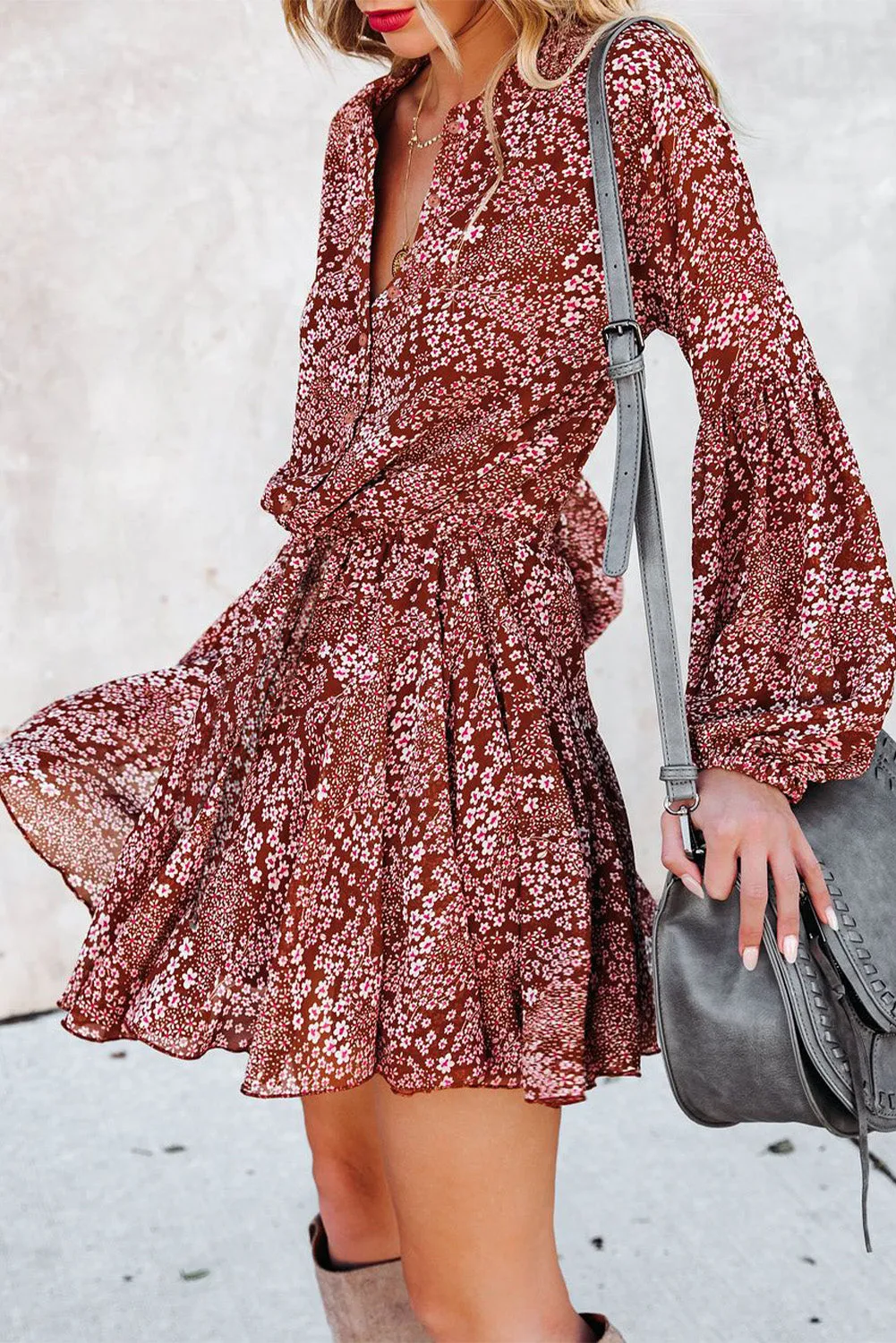 Women's Long Sleeve Ruffle Dress Floral Flowy Boho Mini Short Beach Dress
