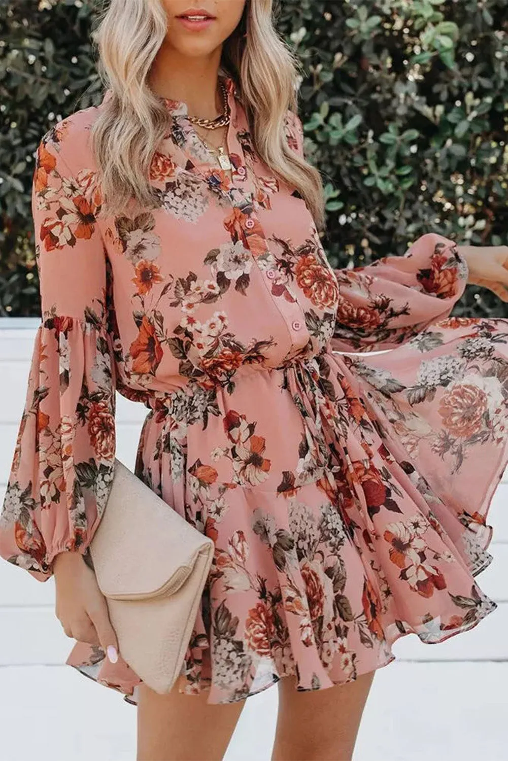 Women's Long Sleeve Ruffle Dress Floral Flowy Boho Mini Short Beach Dress