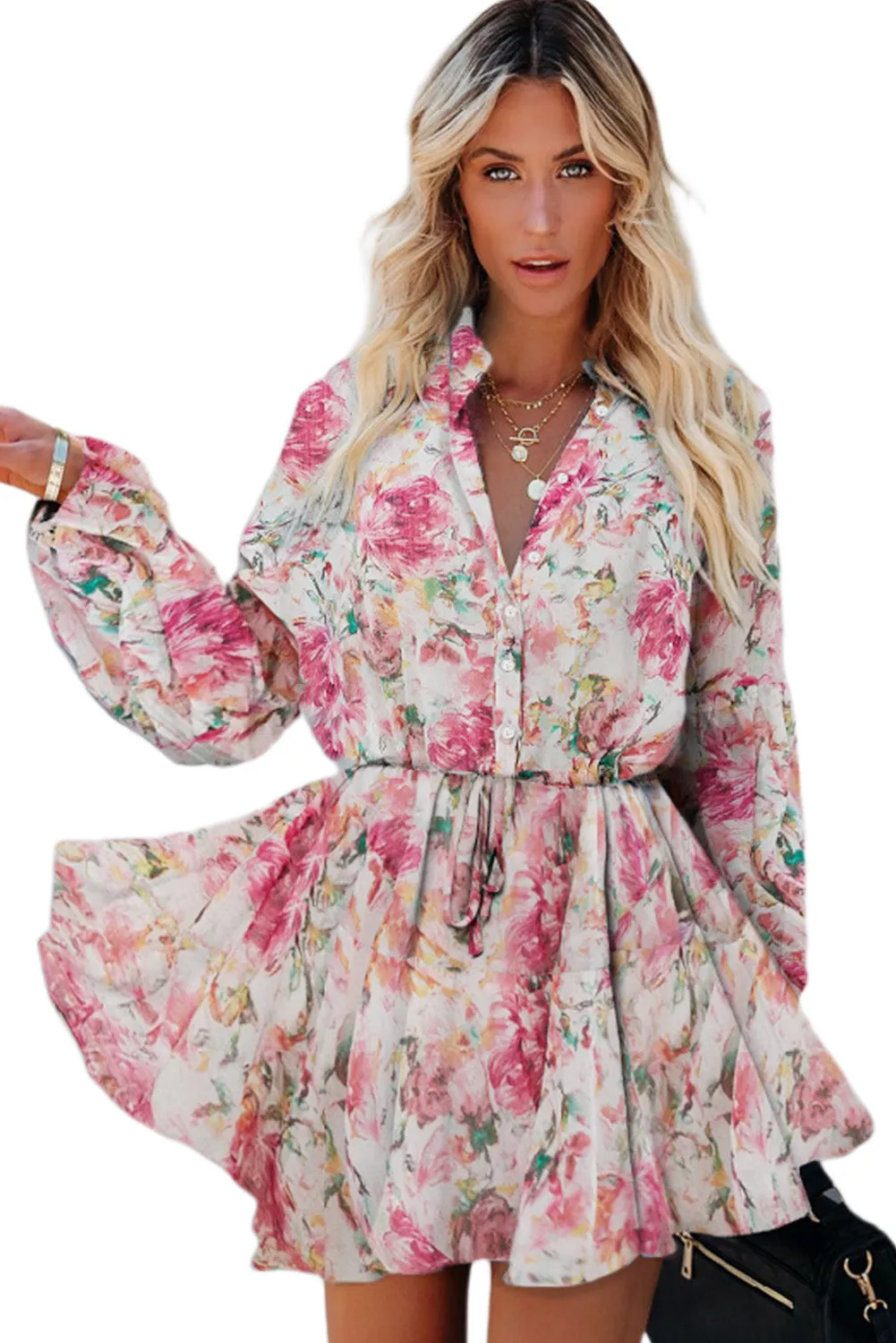 Women's Long Sleeve Ruffle Dress Floral Flowy Boho Mini Short Beach Dress