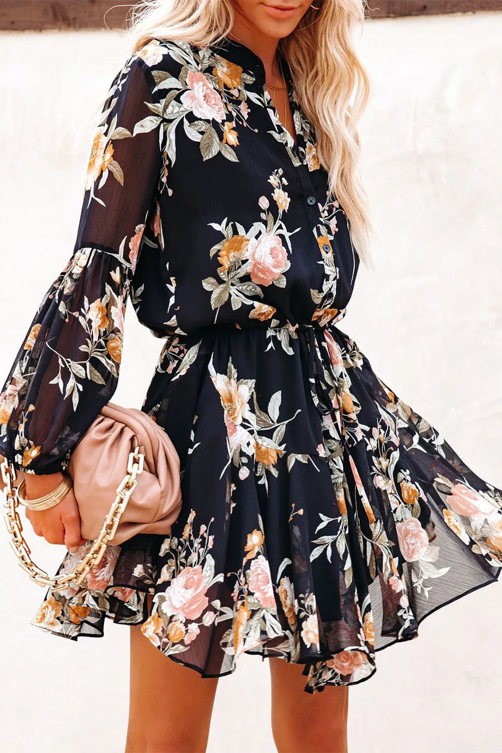 Women's Long Sleeve Ruffle Dress Floral Flowy Boho Mini Short Beach Dress