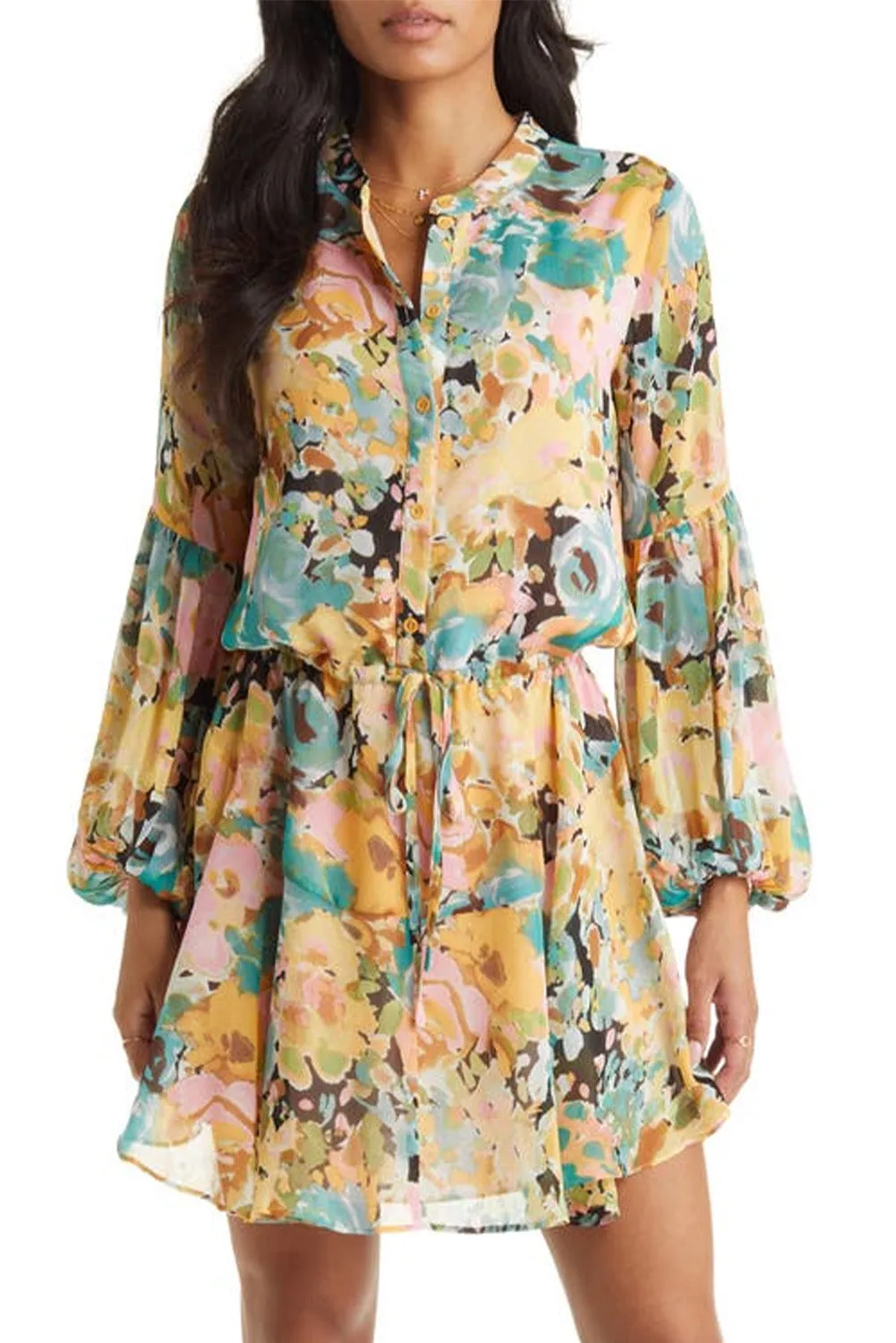 Women's Long Sleeve Ruffle Dress Floral Flowy Boho Mini Short Beach Dress