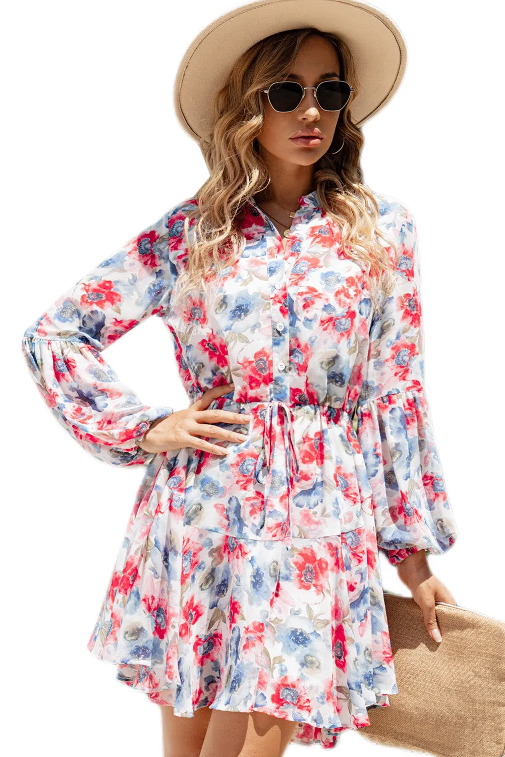 Women's Long Sleeve Ruffle Dress Floral Flowy Boho Mini Short Beach Dress