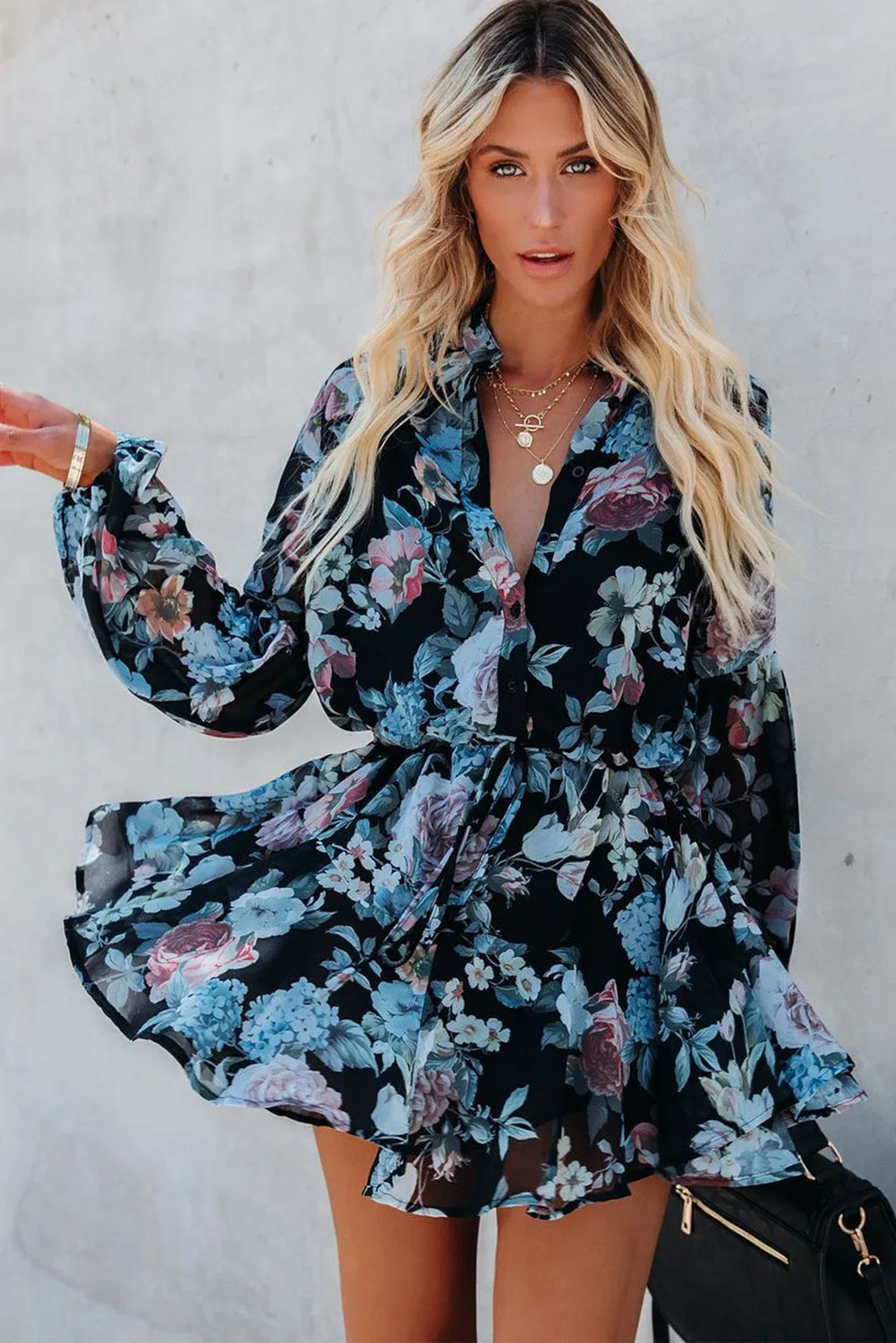 Women's Long Sleeve Ruffle Dress Floral Flowy Boho Mini Short Beach Dress