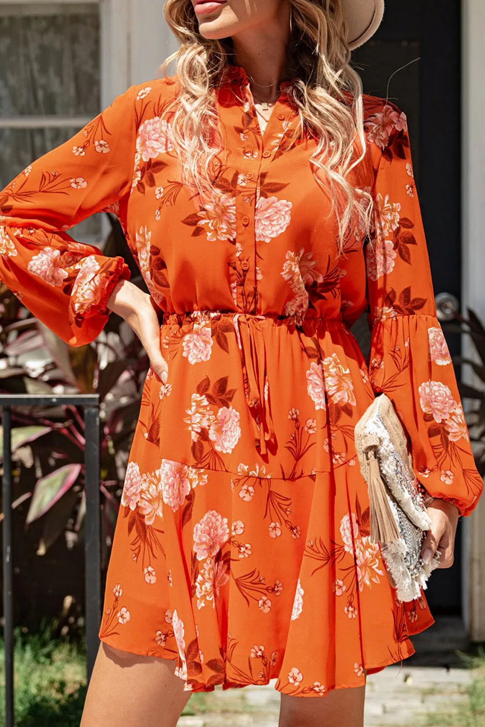 Women's Long Sleeve Ruffle Dress Floral Flowy Boho Mini Short Beach Dress