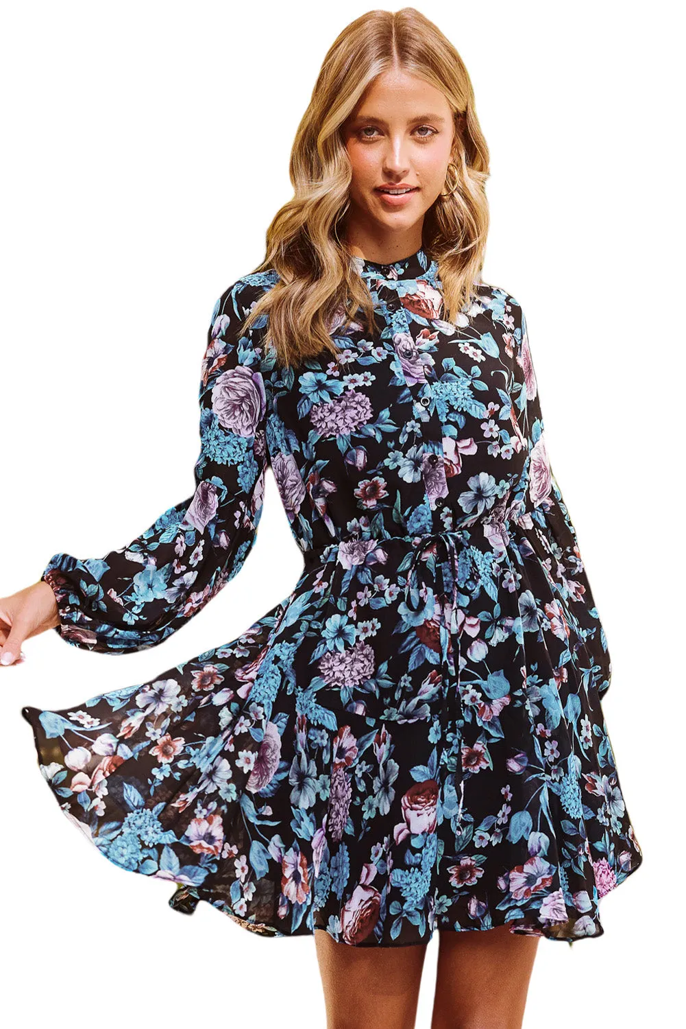 Women's Long Sleeve Ruffle Dress Floral Flowy Boho Mini Short Beach Dress