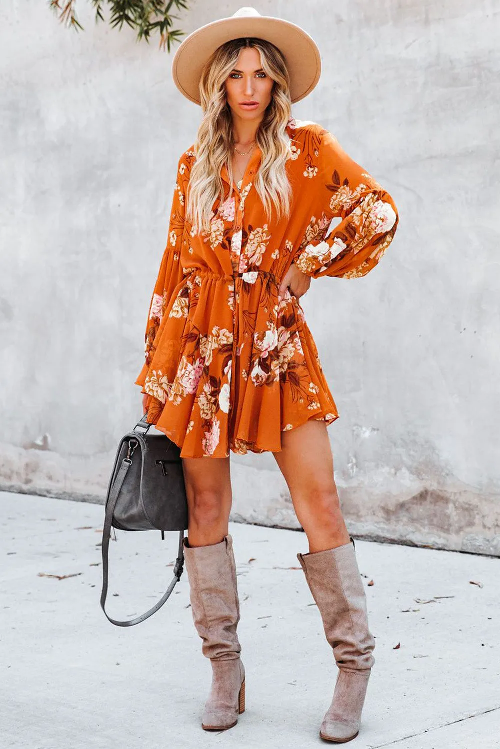 Women's Long Sleeve Ruffle Dress Floral Flowy Boho Mini Short Beach Dress