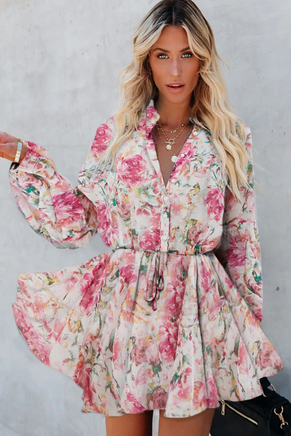 Women's Long Sleeve Ruffle Dress Floral Flowy Boho Mini Short Beach Dress