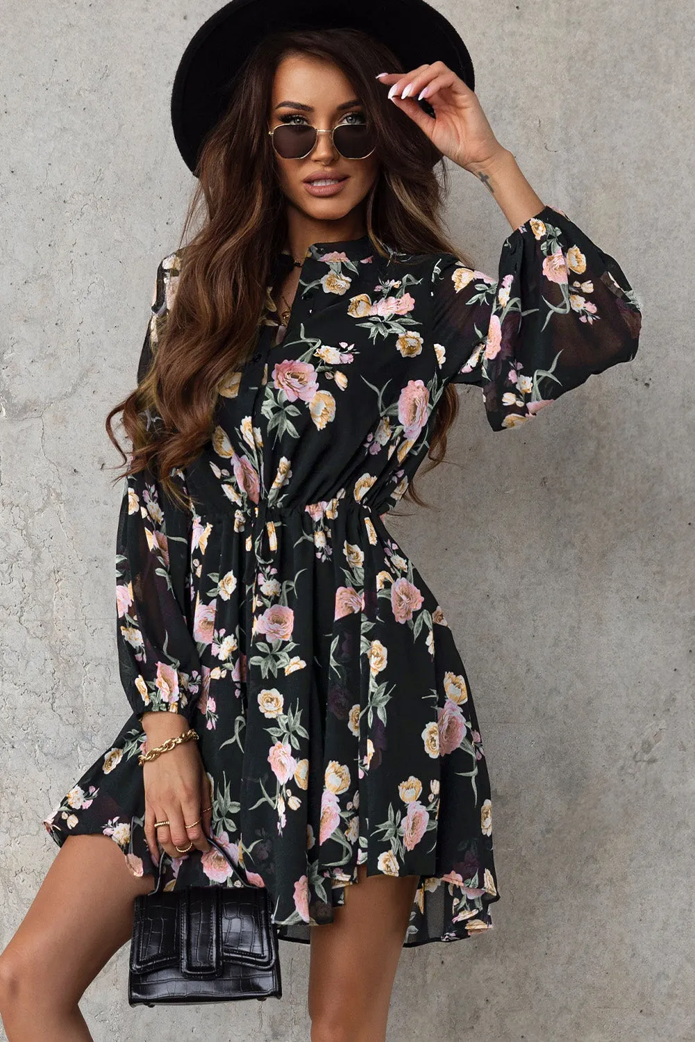 Women's Long Sleeve Ruffle Dress Floral Flowy Boho Mini Short Beach Dress