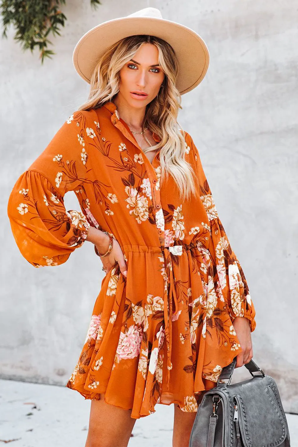 Women's Long Sleeve Ruffle Dress Floral Flowy Boho Mini Short Beach Dress