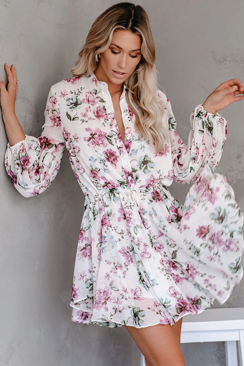 Women's Long Sleeve Ruffle Dress Floral Flowy Boho Mini Short Beach Dress